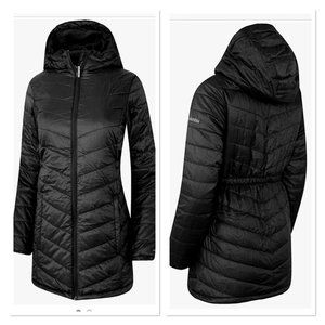 Columbia girls long light spring/fall black down hooded puffer - size M 7/8